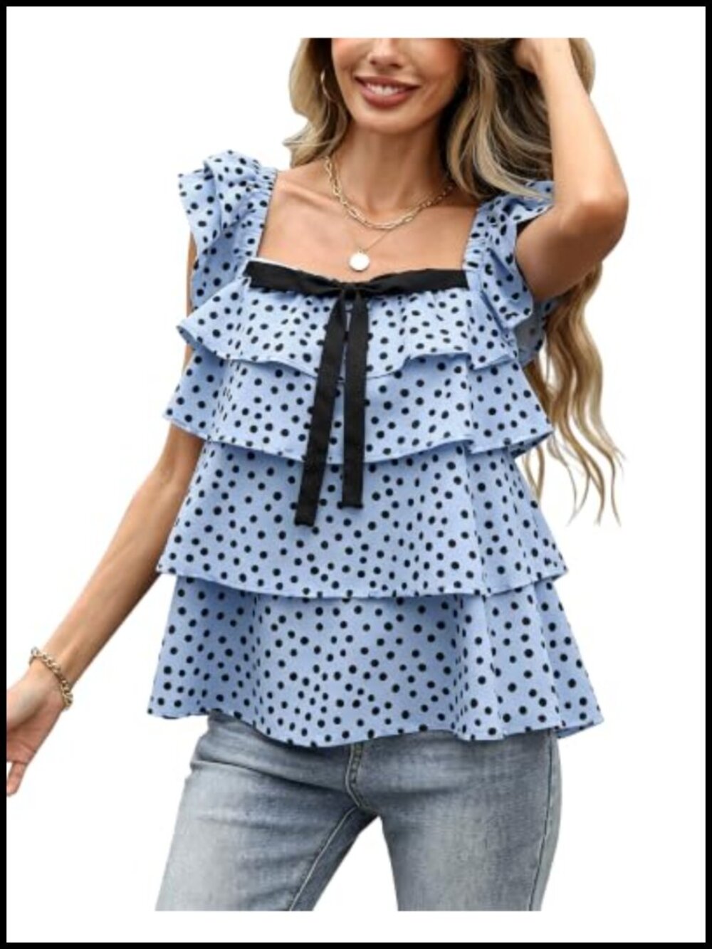 Women's Ruffle Square Neck Tank Top Polka Dot Tiered Summer Cute Flowy